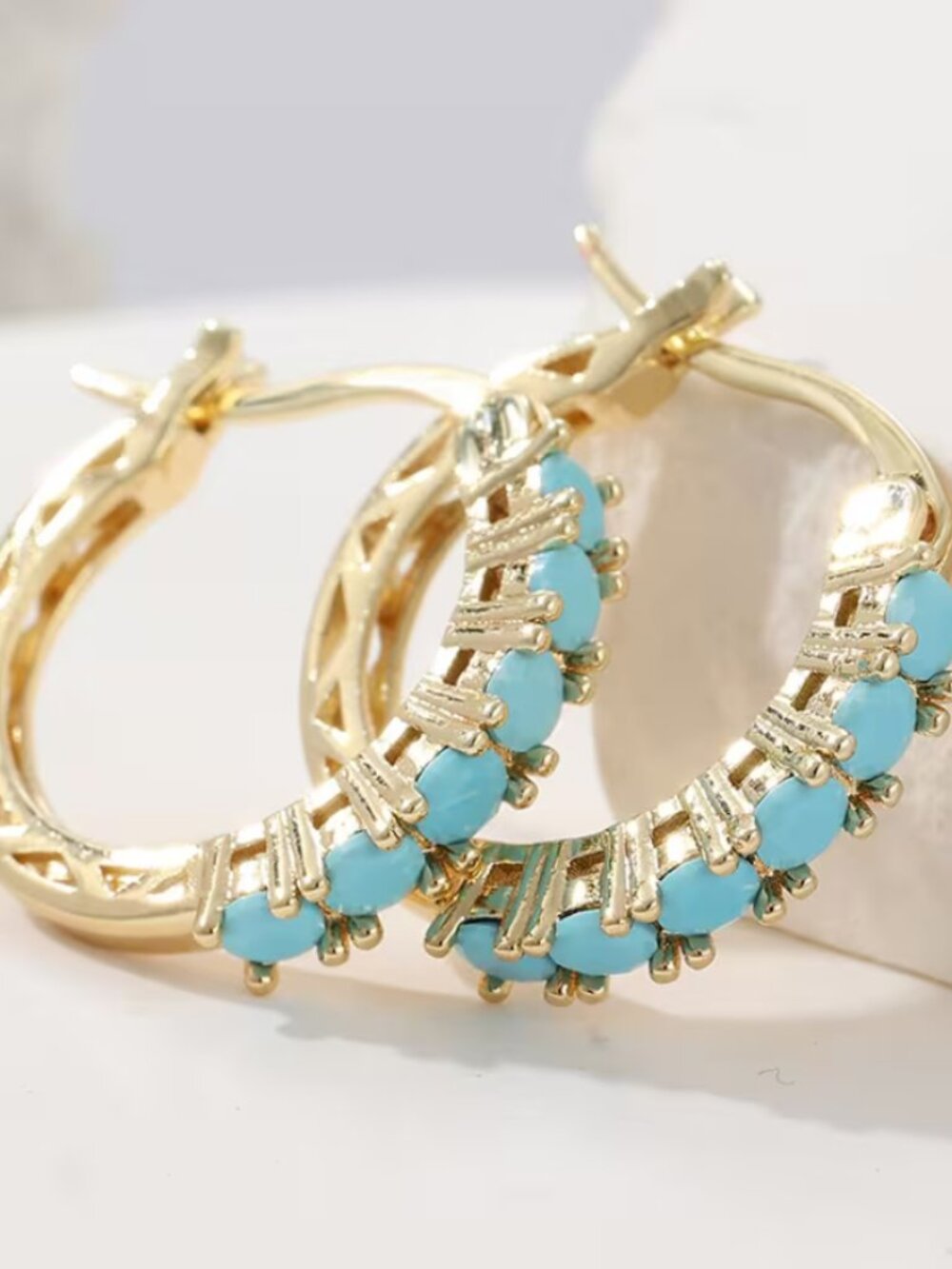 14K Gold Womens 2ct Blue Turquoise Small Hoop Earrings New 14 K Silver Jewelry